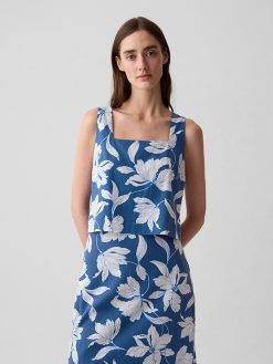 Linen-Blend Button-Back Cropped Tank Top