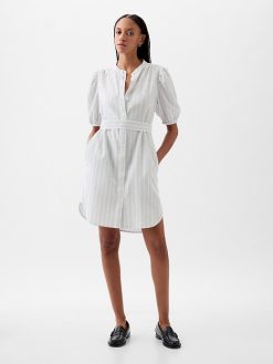 Linen-Cotton Puff Sleeve Mini Shirtdress