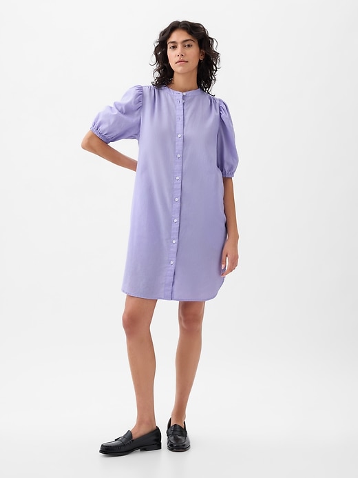 Linen-Cotton Puff Sleeve Mini Shirtdress Linen-Cotton Puff Sleeve Mini Shirtdress