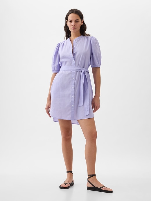 Linen-Cotton Puff Sleeve Mini Shirtdress Linen-Cotton Puff Sleeve Mini Shirtdress