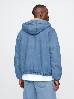 Oversized Sherpa-Lined Denim Zip Hoodie