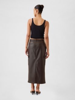 Vegan Leather Cargo Midi Skirt